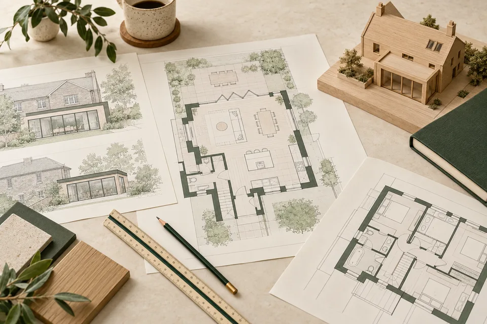 Illustrative house plans, scale ruler and house model